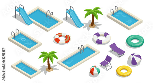 Isometric summer pool set with slides, chairs, and fun accessories
