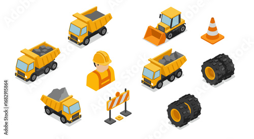 Isometric construction equipment set with vehicles and safety icons