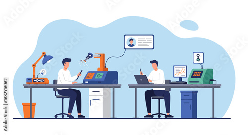 Modern office workspace with engineers using technology for design and development