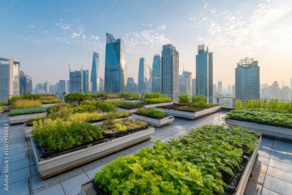 Fototapeta premium Rooftop garden with hydroponic system, smart irrigation, modern city skyline background.
