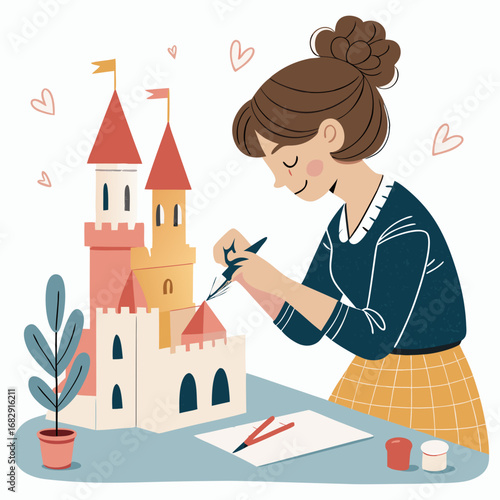 Creative Woman Building a Miniature Fairy Tale Castle Model.