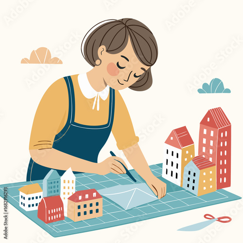 Creative woman crafting miniature paper houses at her desk.