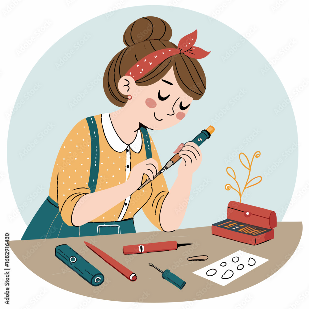 Fototapeta premium Creative woman focused on a detailed craft project at her desk.