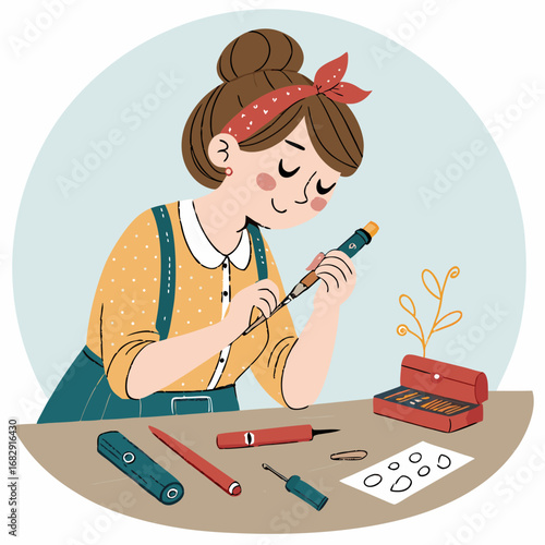 Creative woman focused on a detailed craft project at her desk.