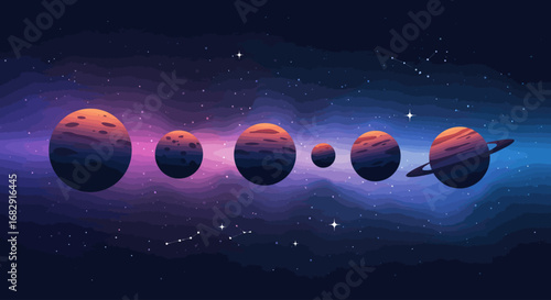 Stylized solar system planets aligned in deep space vector illustration