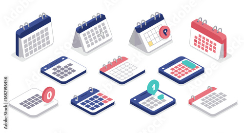 Isometric calendar icons set with diverse designs and symbols for planning and scheduling