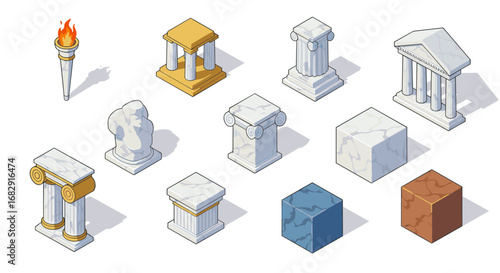 Ancient greek architecture elements with marble columns and sculptures
