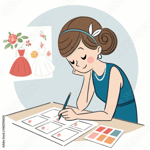 Creative woman sketching dress designs at her desk.