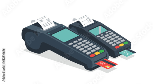 Modern isometric credit card machines with receipts on white background