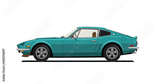 Classic sports car side view in detailed flat art style
