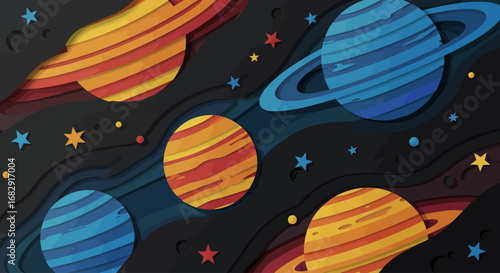 Stylized Universe Illustration with Layered Paper Cut Planets and Stars