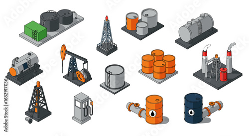 Isometric industrial oil and gas infrastructure design elements set