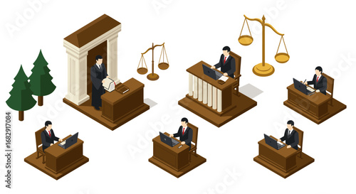 Isometric courtroom setup with lawyers and judges in professional office environment