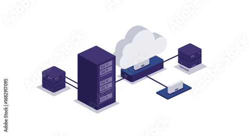 Isometric cloud computing network with servers and devices in digital infrastructure