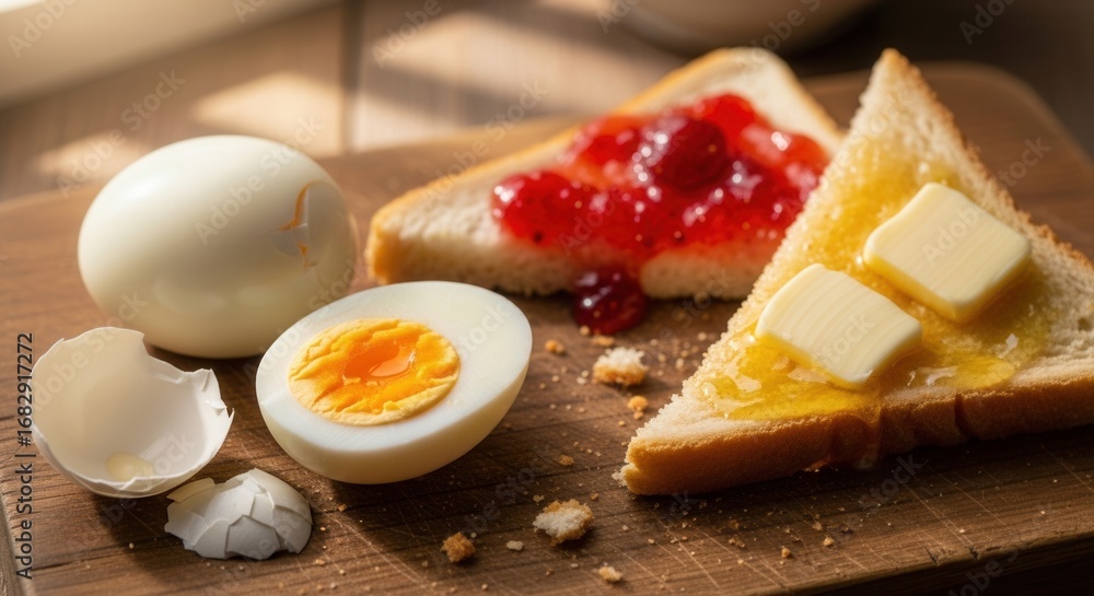 Fototapeta premium Hard-boiled egg with toast with strawberry jam and butter on wooden surface, breakfast concept