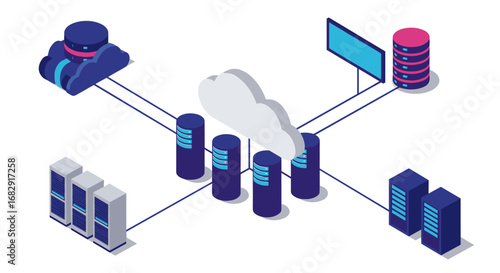 Isometric cloud computing network with servers and data storage