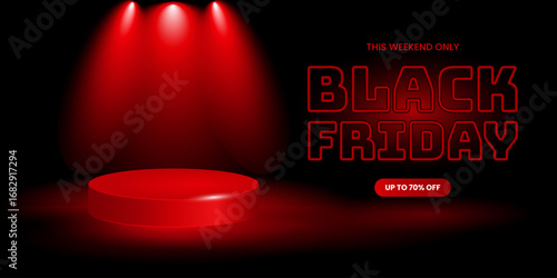 Black Friday sale banner with glowing red podium, neon light and black background. Design for web promo, discount event and shopping poster template. Vector illustration