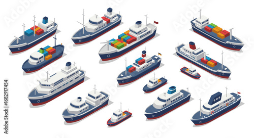 Isometric cargo and passenger ships collection with containers