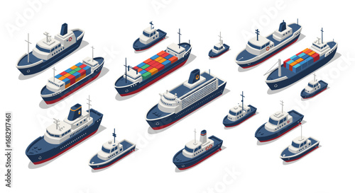 Isometric maritime fleet collection: cargo, passenger, and tug vessels in diverse designs
