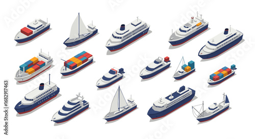 Diverse isometric ships collection featuring cargo, passenger, and sailing vessels