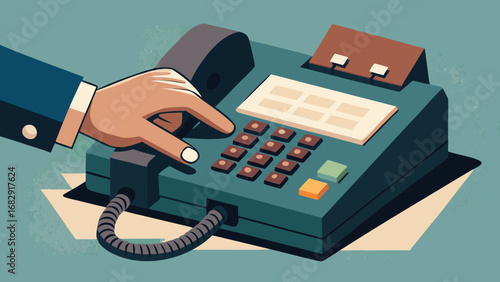Close up of a hand pressing buttons on a vintage fax machine