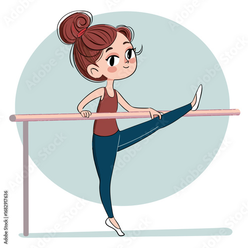 Cute Cartoon Ballerina Stretching at the Barre.
