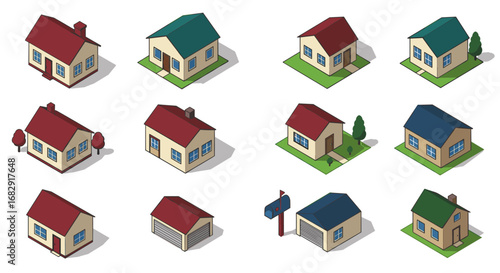 Isometric residential houses and garages set with shadow effects