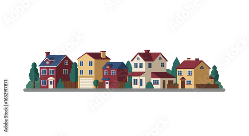 Charming suburban neighborhood with colorful houses and trees