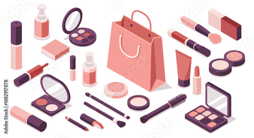 Beauty and makeup essentials in modern isometric style