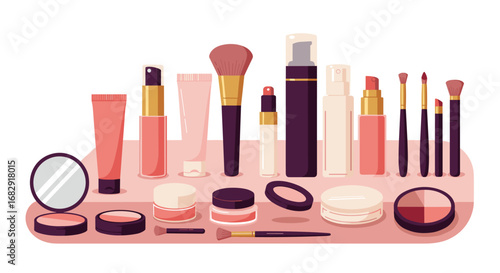Flat makeup collection with cosmetics and beauty products in pastel shades