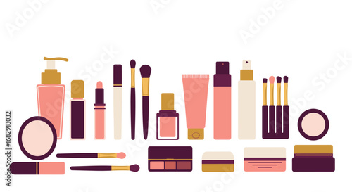 Minimalist beauty products arrangement with cosmetic containers and brushes