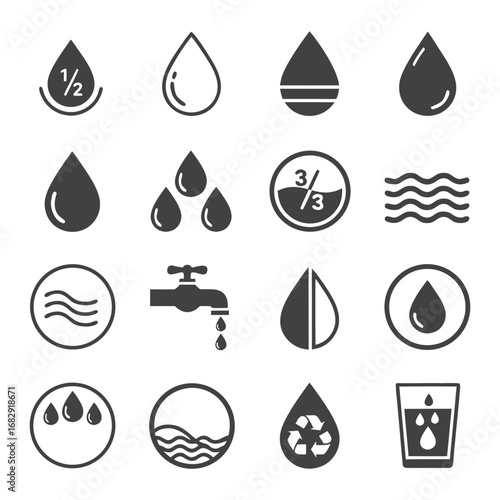 Essential Water Concept Icons Set Modern Vector Symbols for Hydration, Conservation, and Liquid Elements Design
