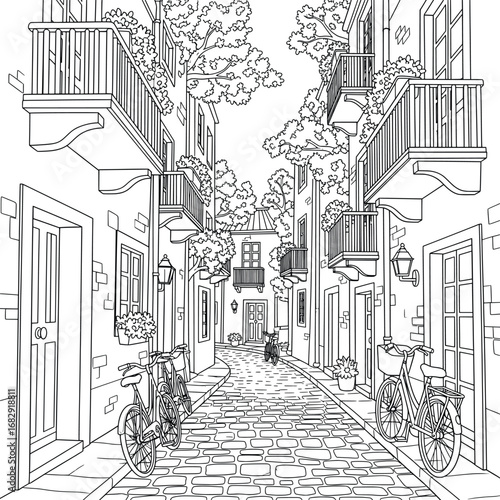Street illustration with bicycles balconies trees and cobblestone path showing charming old town architecture in an elegant scenic composition in detailed black and white vector artwork