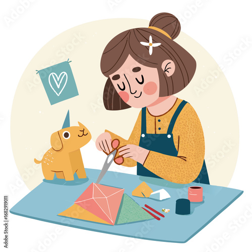 Cute cartoon girl enjoying a creative papercraft hobby at her desk.