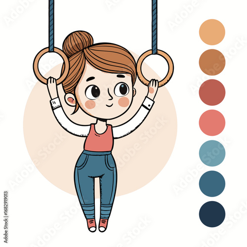 Cute cartoon girl exercising on gymnastic rings.