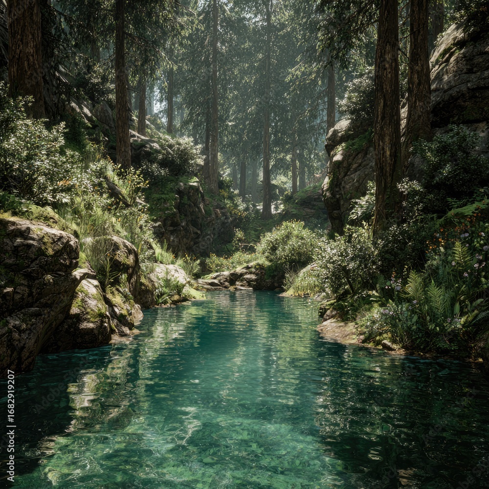 Naklejka premium Tranquil mountain stream winding through a lush forest. Sunlight filters through tall trees. Clear water reflects the surrounding greenery