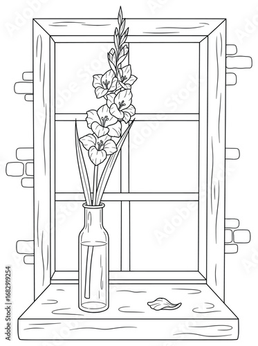 Flower vase illustration featuring gladiolus stem arranged in tall glass bottle placed on rustic wooden windowsill with brick wall detail in decorative black and white vector design