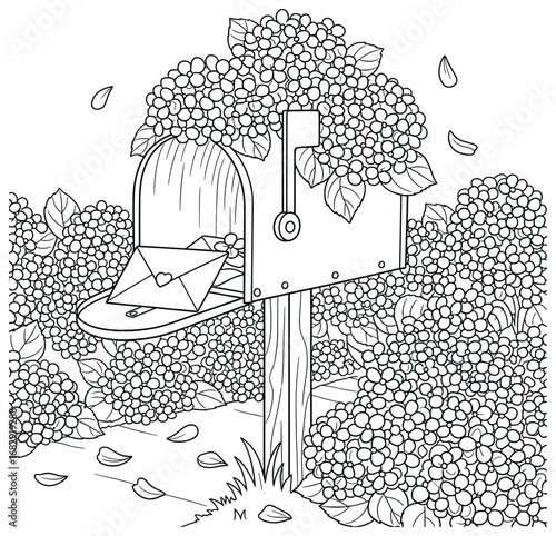 Mailbox illustration featuring open postbox surrounded by blooming flowers with love letter and falling petals in decorative garden black and white vector design