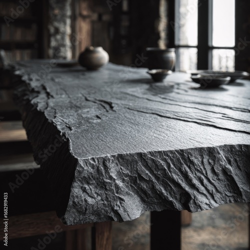 Rustic Stone Table with Natural Texture in Cozy Interior Space