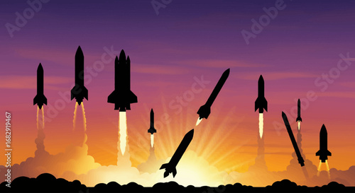 Futuristic armada of rockets launching at dawn in a dramatic sky