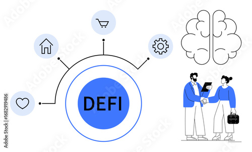 Circular DEFI network with finance, home, shopping icons brain for innovation people collaborating. Ideal for finance, technology, innovation, business, partnerships AI modern economy. Simple flat