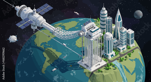 Futuristic isometric city connected to an orbiting space station via elevator