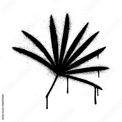black graffiti-style palm leaf stencil on a white wall with spray paint drips and a textured background.