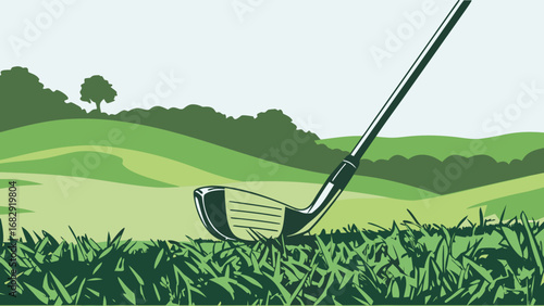 Golf club ready to strike on a lush green course