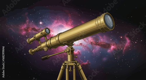 Antique telescope observing a vibrant nebula in deep space