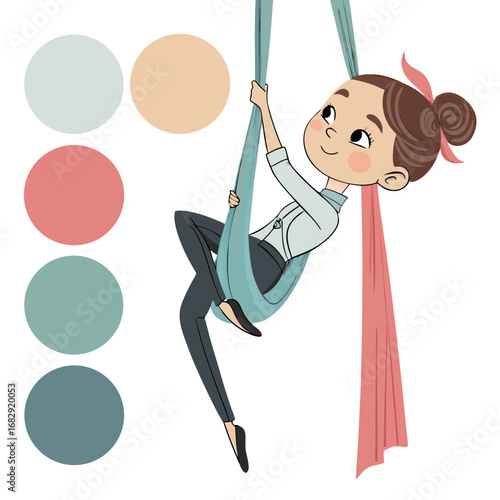 Cute cartoon girl practicing aerial yoga on silks.