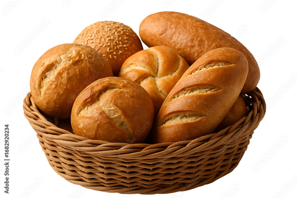 Fototapeta premium Fresh Bread Rolls in Wicker Basket on Transparent Background