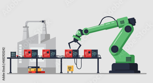 Automated Robotic Arm on a Modern Factory Production Line Enhancing Manufacturing Efficiency