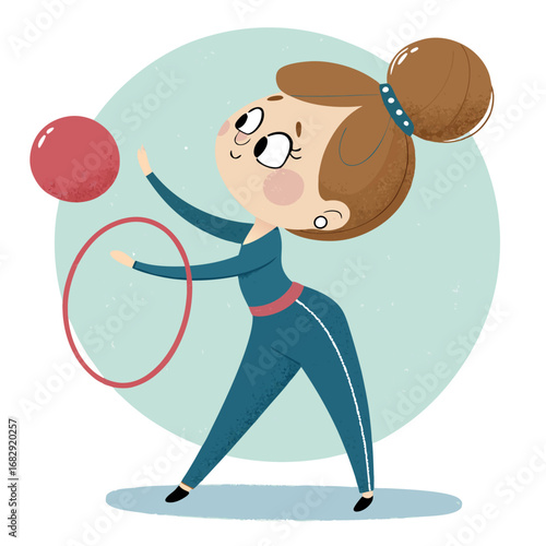 Cute cartoon girl practicing rhythmic gymnastics with a ball and hoop.