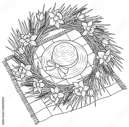 Daffodil vector illustration of a floral wreath with blooming flowers and grass arranged around a straw hat with ribbon placed on a checkered cloth in a decorative artistic composition